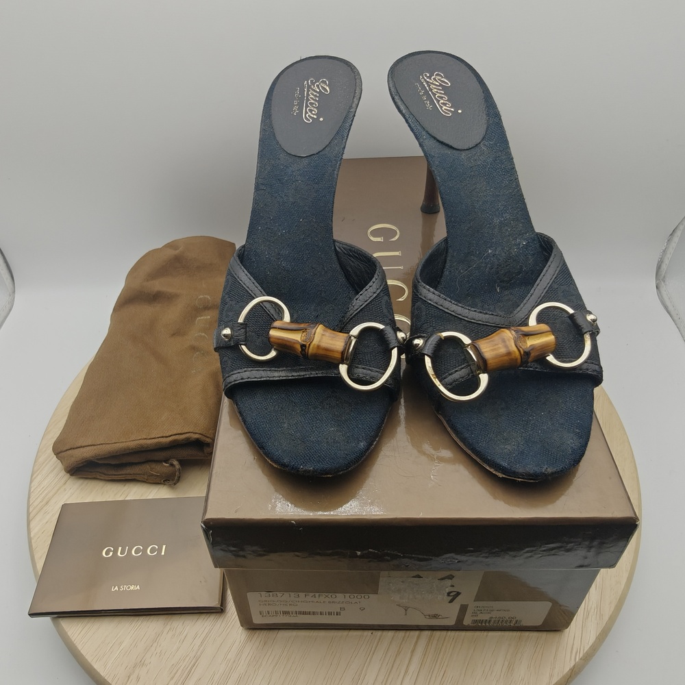 Gucci Shoes Womens Size 9 Black GG Canvas Bamboo Horsebit Mule Stiletto Heels